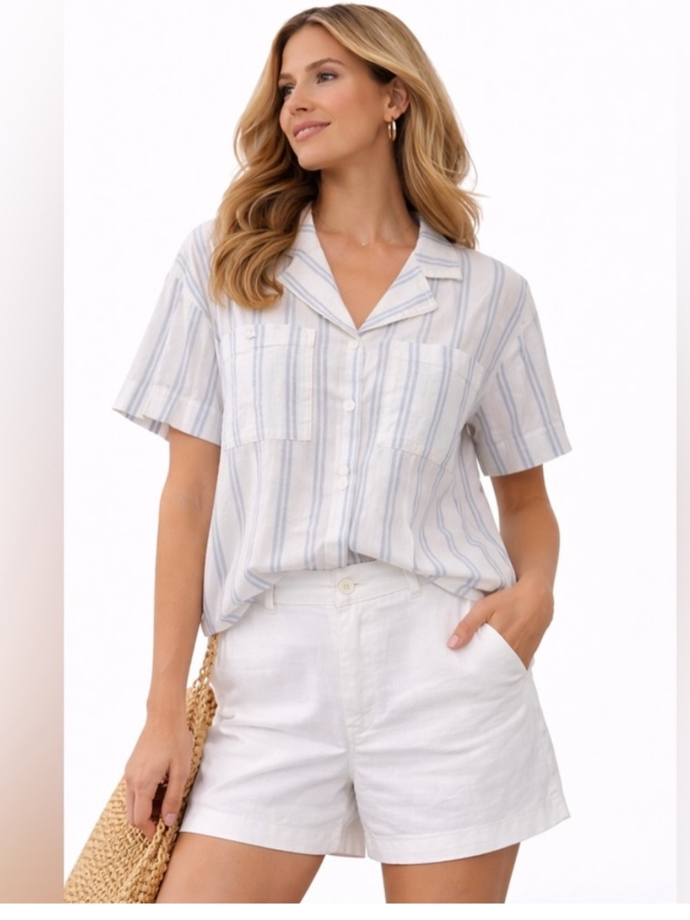 Buffalo David Bitton Coastal Linen Resort White Shirt with Light Blue Stripes
